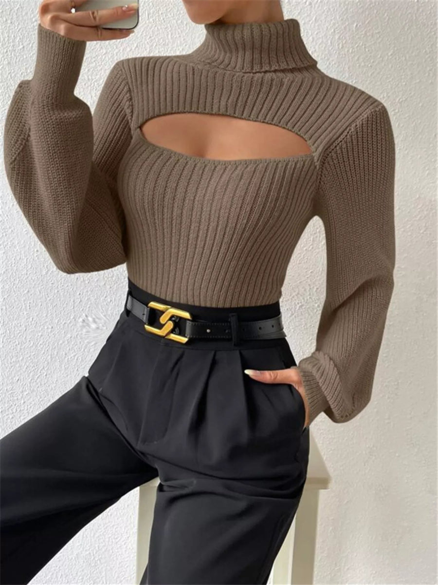Cutout Front Turtleneck Long Sleeve Sweater - CELIVINE