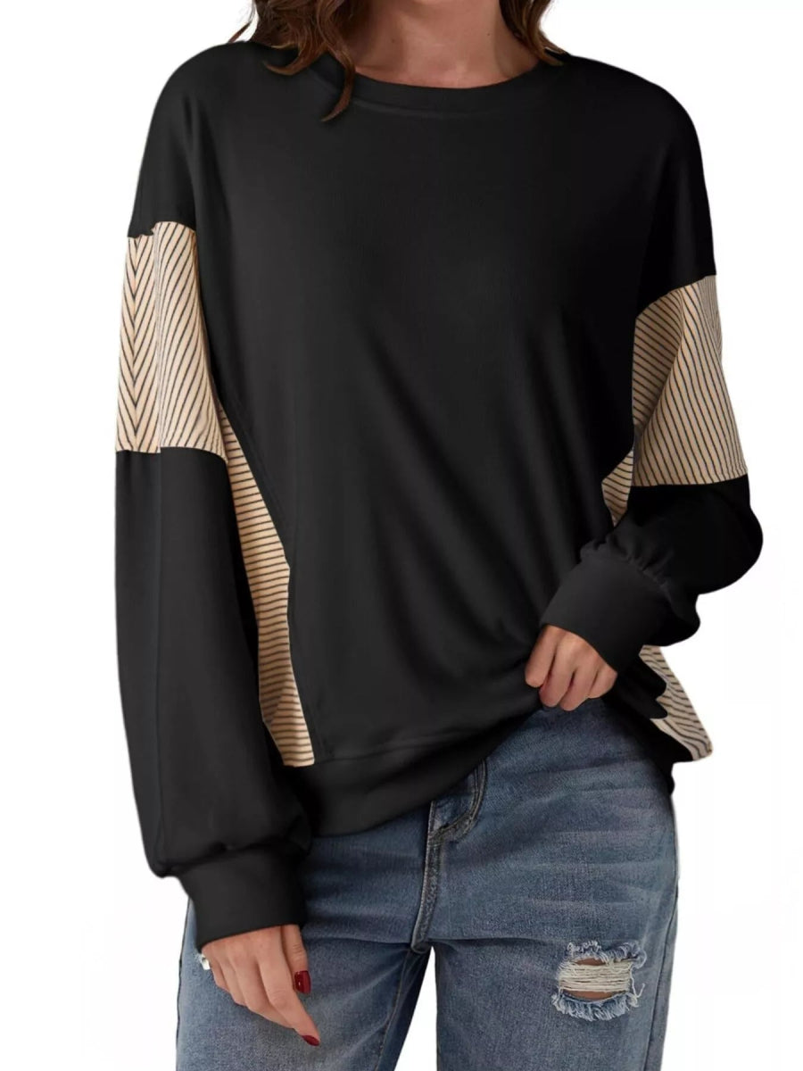Striped Round Neck Long Sleeve Sweatshirt - CELIVINE