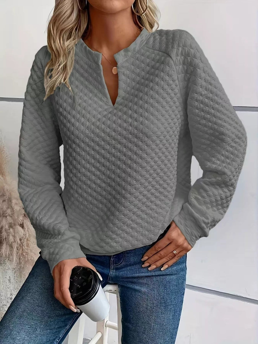Quilted Texture Long Sleeve Sweatshirt with Notched Neck - CELIVINE