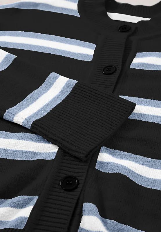 Striped Button Down Long Sleeve Cardigan - CELIVINE