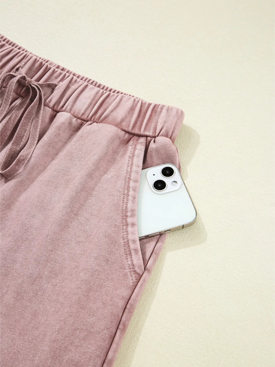 Mineral Wash Tiered Wide Leg Patchwork Drawstring Pants - CELIVINE