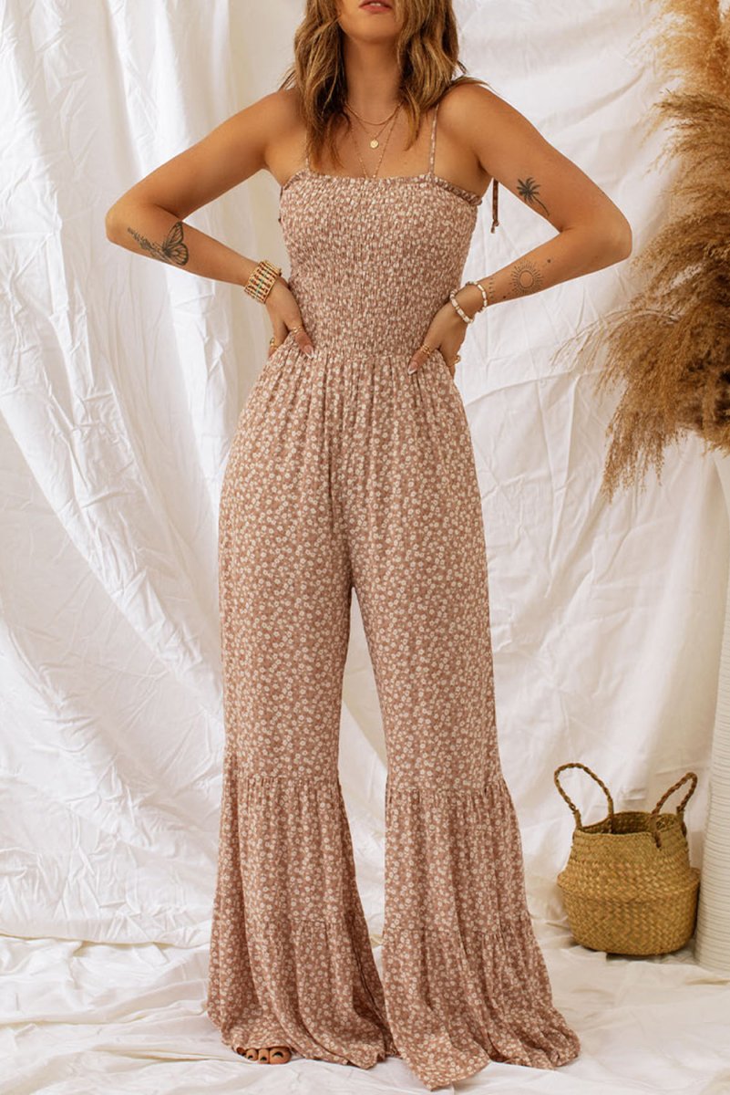 Floral Spaghetti Strap Smocked Wide Leg Jumpsuit - CELIVINE