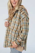 Drawstring Waffle Knit Patchwork Hooded Plaid Shacket - CELIVINE