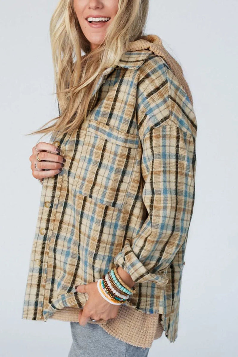 Drawstring Waffle Knit Patchwork Hooded Plaid Shacket - CELIVINE