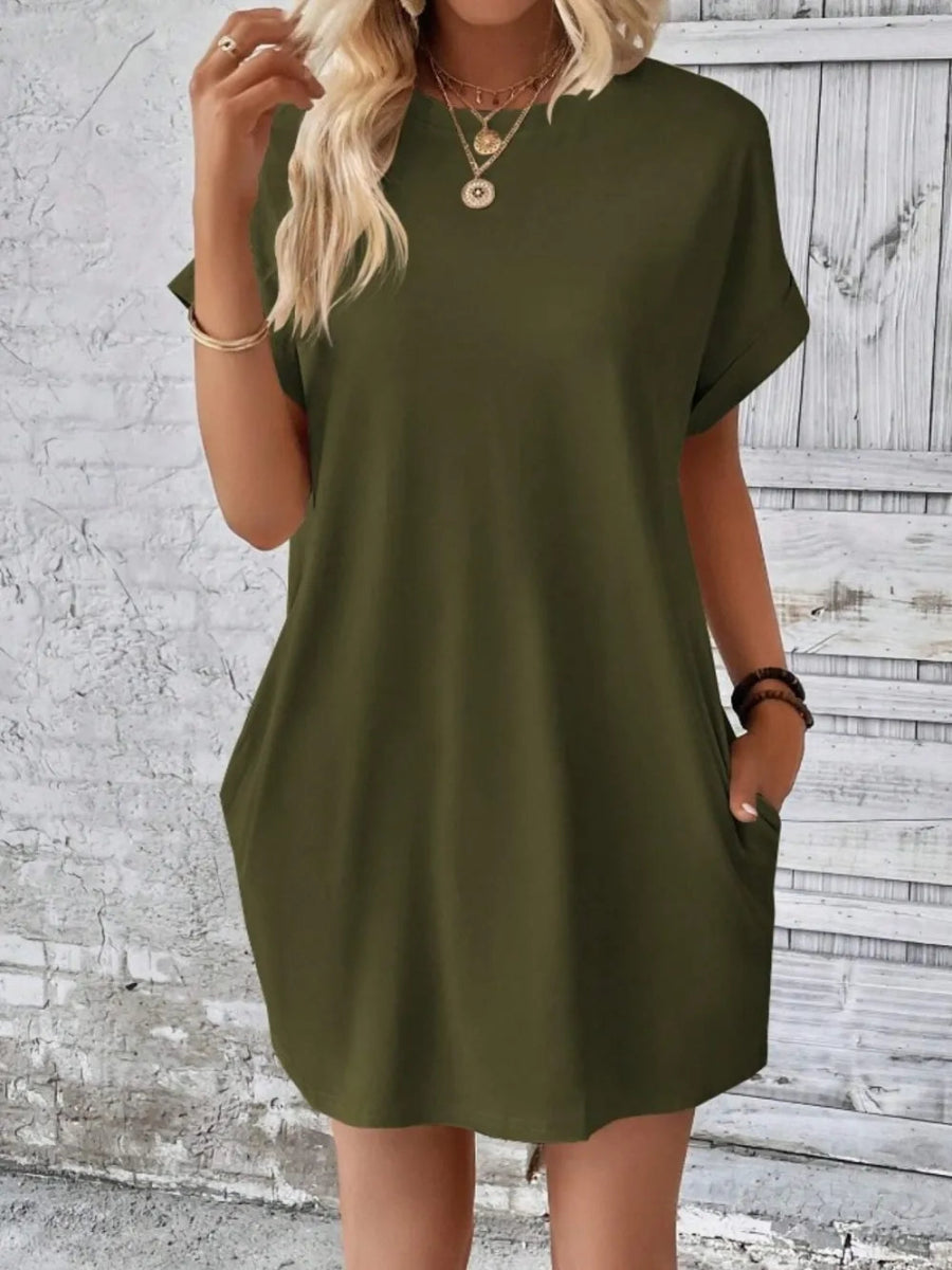 Pocketed Round Neck Short Sleeve Dress - CELIVINE