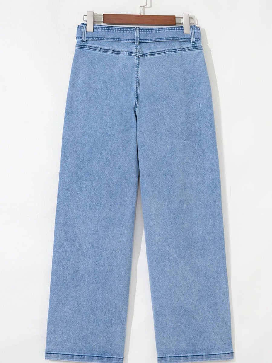 High Waisted Wide Leg Belted Jeans - CELIVINE