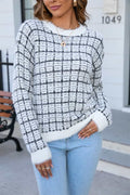 Plaid Round Neck Long Sleeve Pullover Sweater - CELIVINE