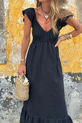 V Neck Ruffled Cap Sleeve Smocked Maxi Dress - CELIVINE