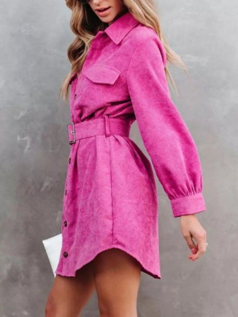 Button Front Belt Long Sleeve Corduroy Dress - CELIVINE