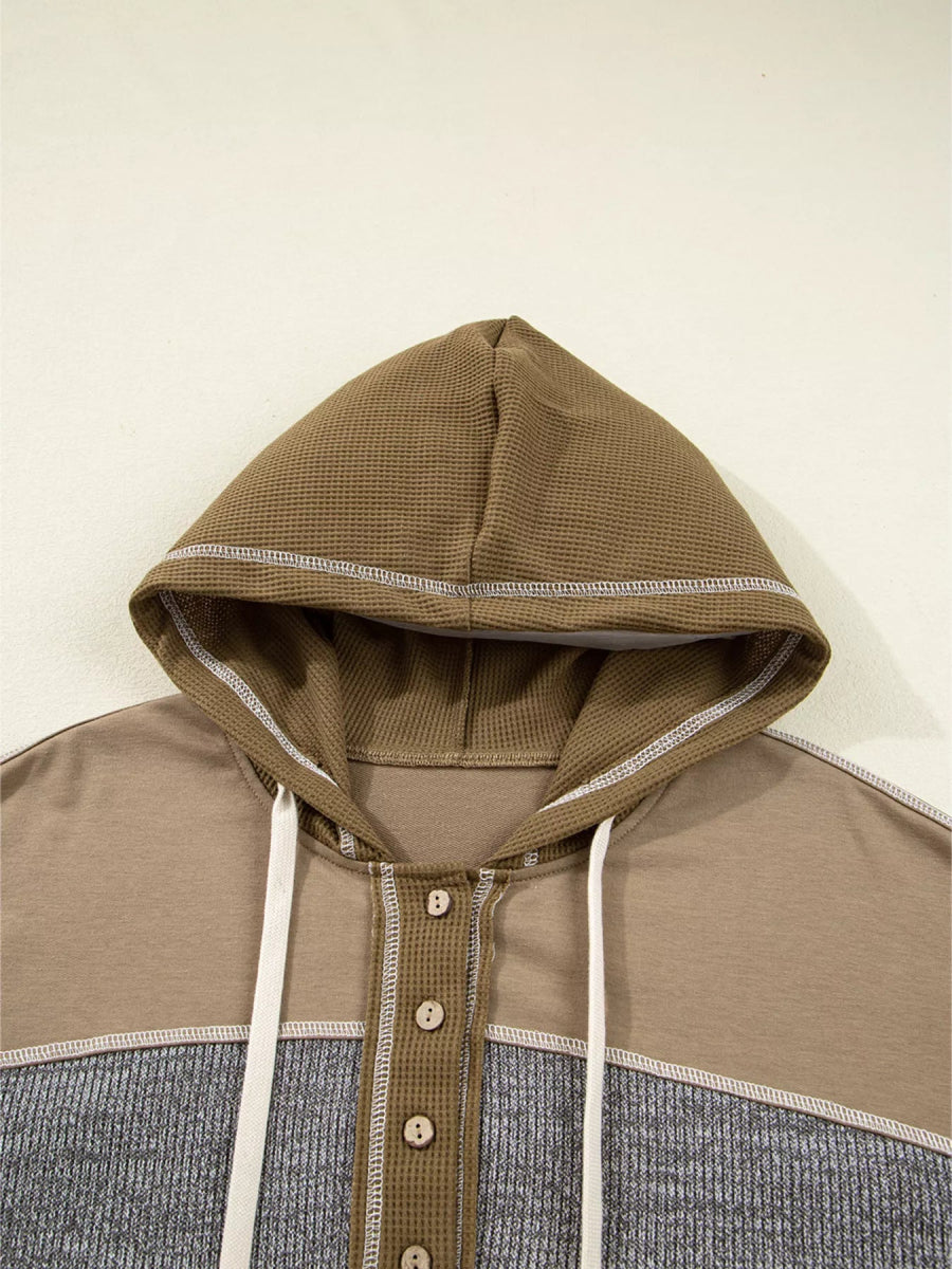 Mixed Texture Patchwork Exposed Seam Half Button Hoodie - CELIVINE