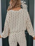 Polka Dot Notched Long Sleeve Top and Drawstring Joggers Lounge Set - CELIVINE