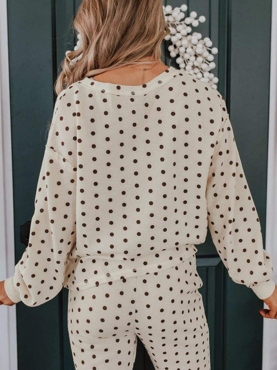 Polka Dot Notched Long Sleeve Top and Drawstring Joggers Lounge Set - CELIVINE