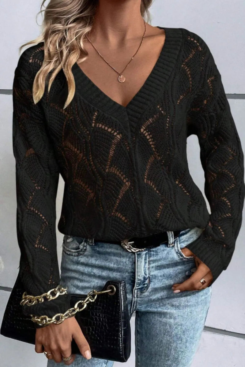 Openwork V - Neck Long Sleeve Sweater - CELIVINE