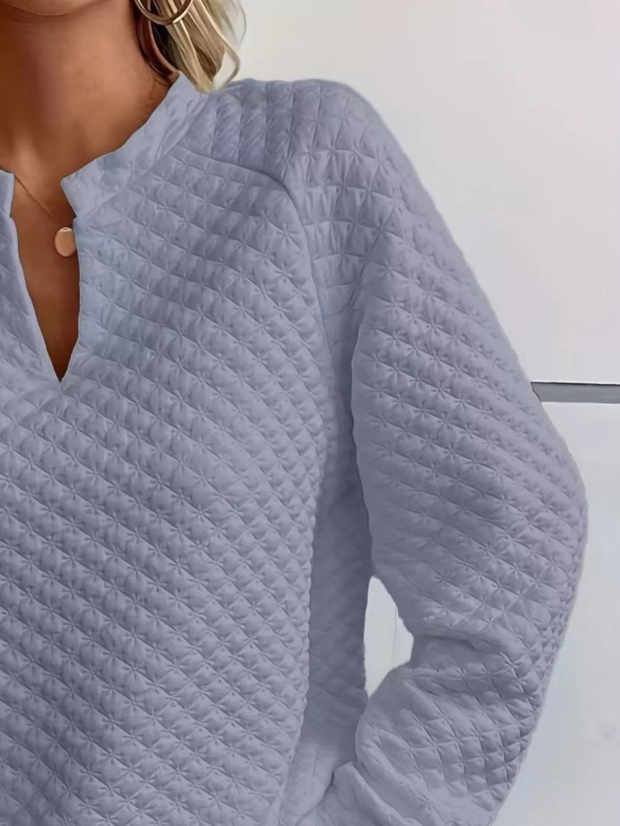 Quilted Texture Long Sleeve Sweatshirt with Notched Neck - CELIVINE