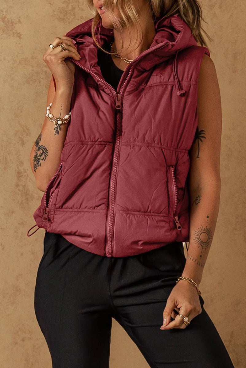 Drawstring Zip Up Hooded Vest Coat - CELIVINE