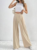V - Waisted Ruched Front Wide Leg Pants - CELIVINE
