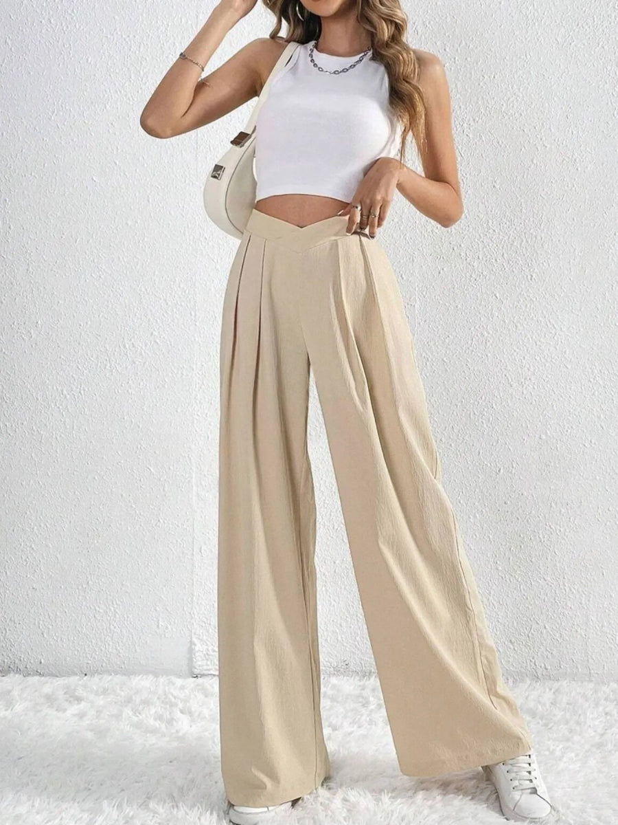 V - Waisted Ruched Front Wide Leg Pants - CELIVINE