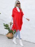 Fringe Trim Buttoned Hooded Poncho - CELIVINE