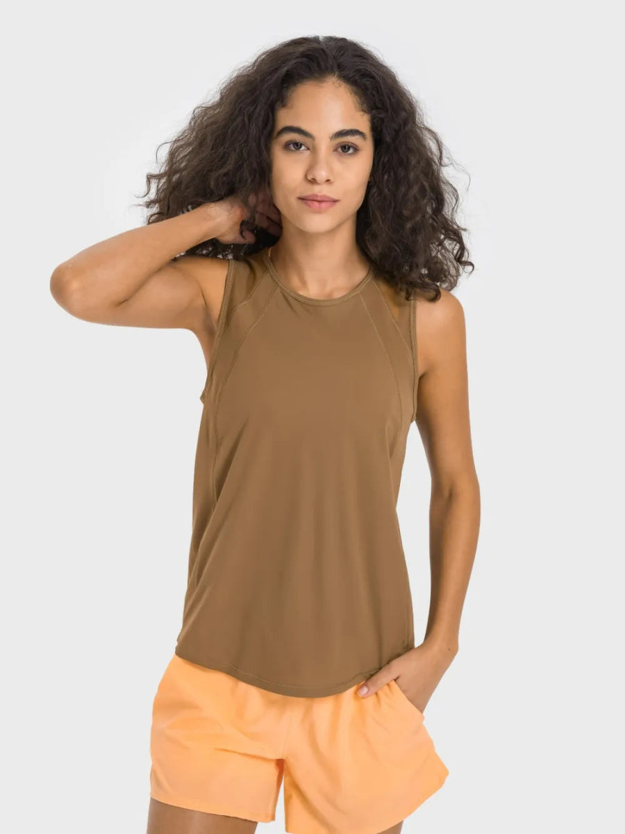 Cutout Back Round Neck Active Tank - CELIVINE