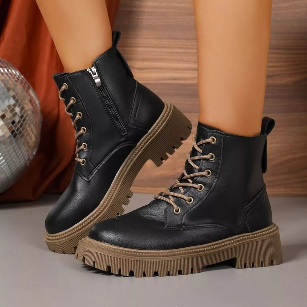 Lace Up Round Toe Boots - CELIVINE