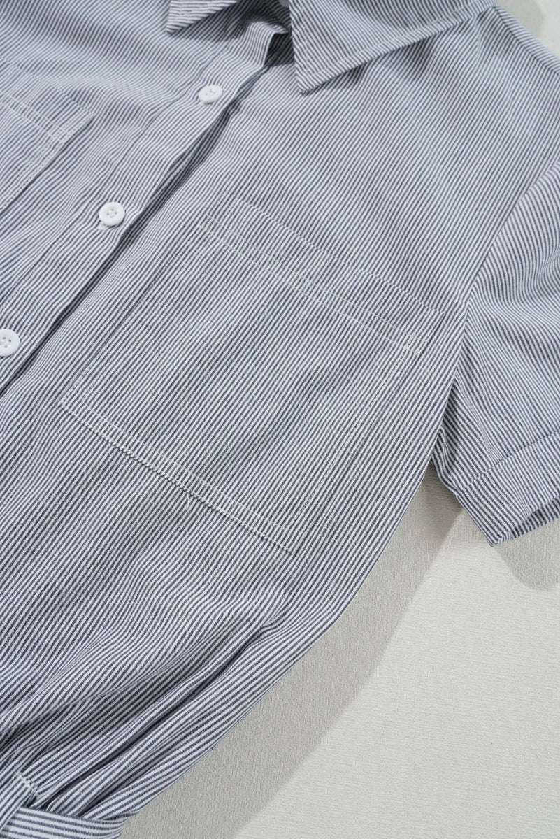 Stripe Chest Pockets Tie Waist Romper - CELIVINE