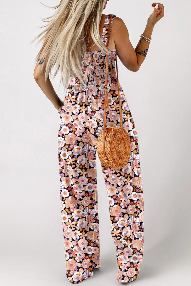 Floral Print Smocked High Waist Square Neck Jumpsuit - CELIVINE