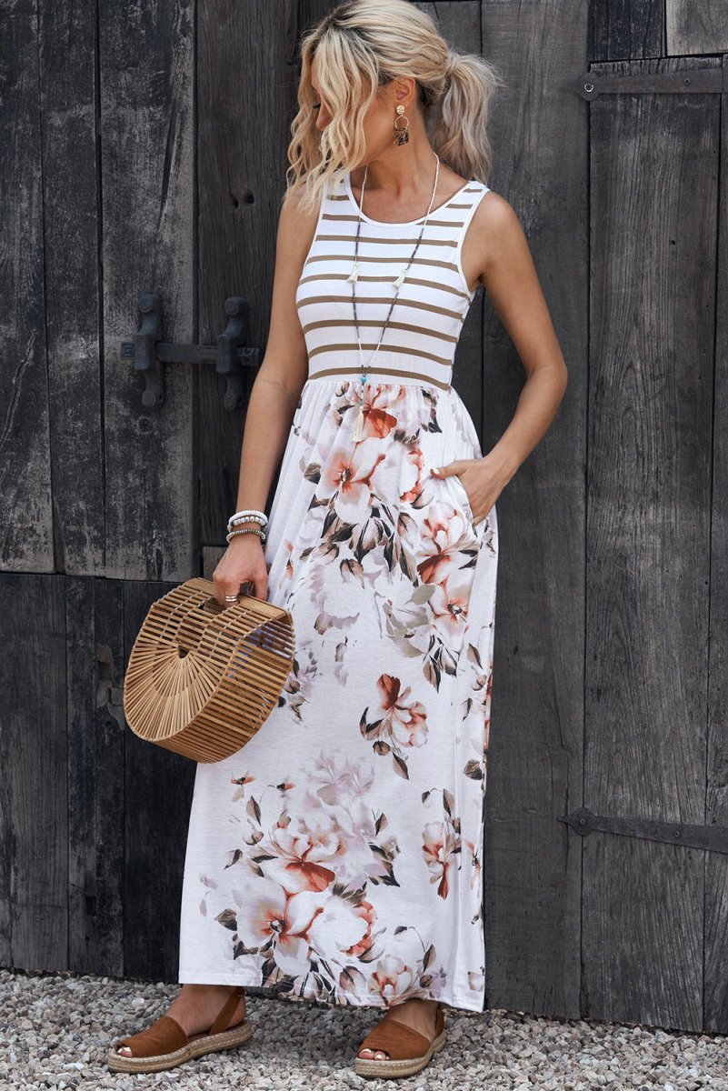 Striped Floral Round Neck Sleeveless Maxi Dress - CELIVINE