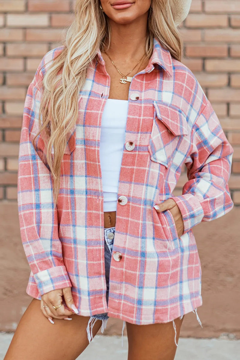 Plaid Button Up Long Sleeve Shacket - CELIVINE