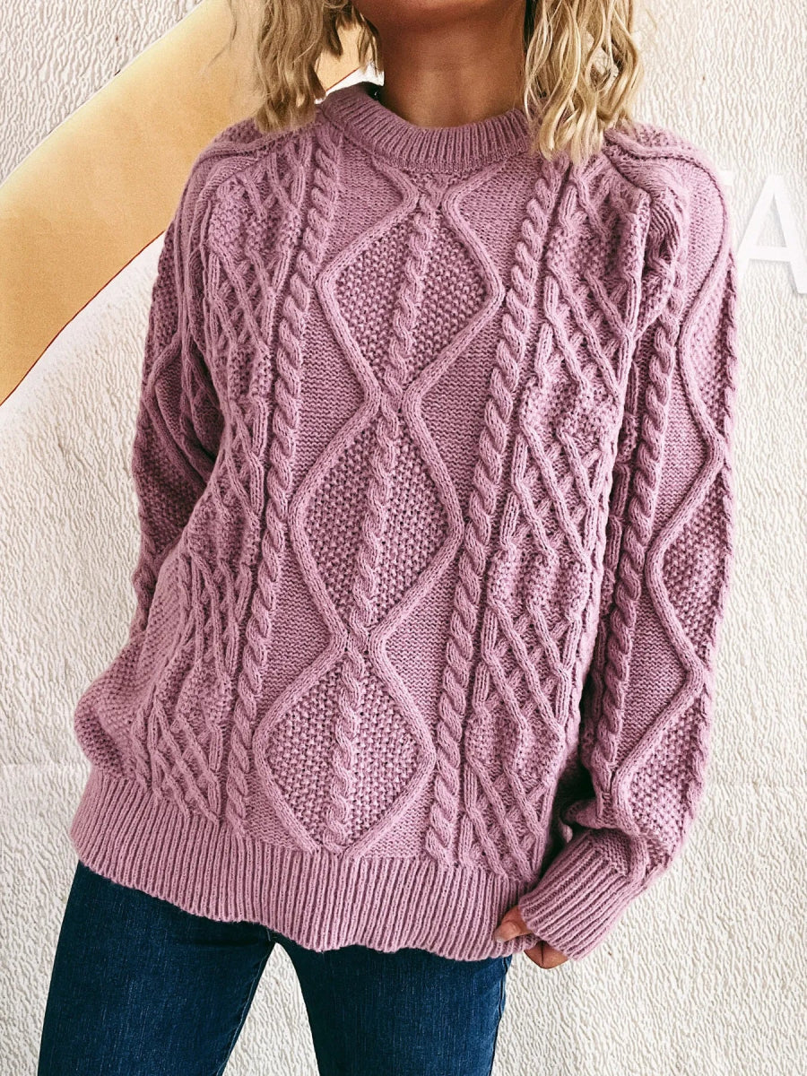Cable Knit Long Sleeve Sweater - CELIVINE