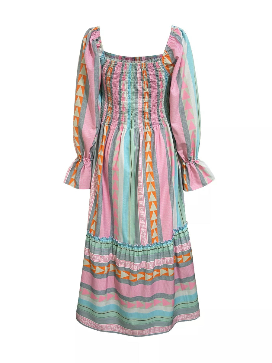 Smocked Square Neck Flounce Sleeve Maxi Dress - CELIVINE