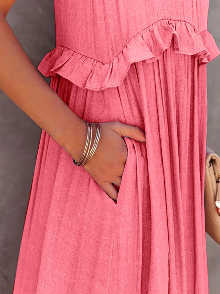 Ruffled Sleeveless Tiered Maxi Dress with Pockets - CELIVINE