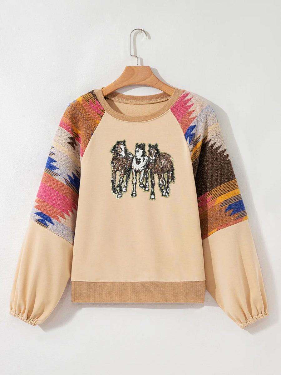Sequined Western Horses Bubble Sleeve Sweatshirt - CELIVINE