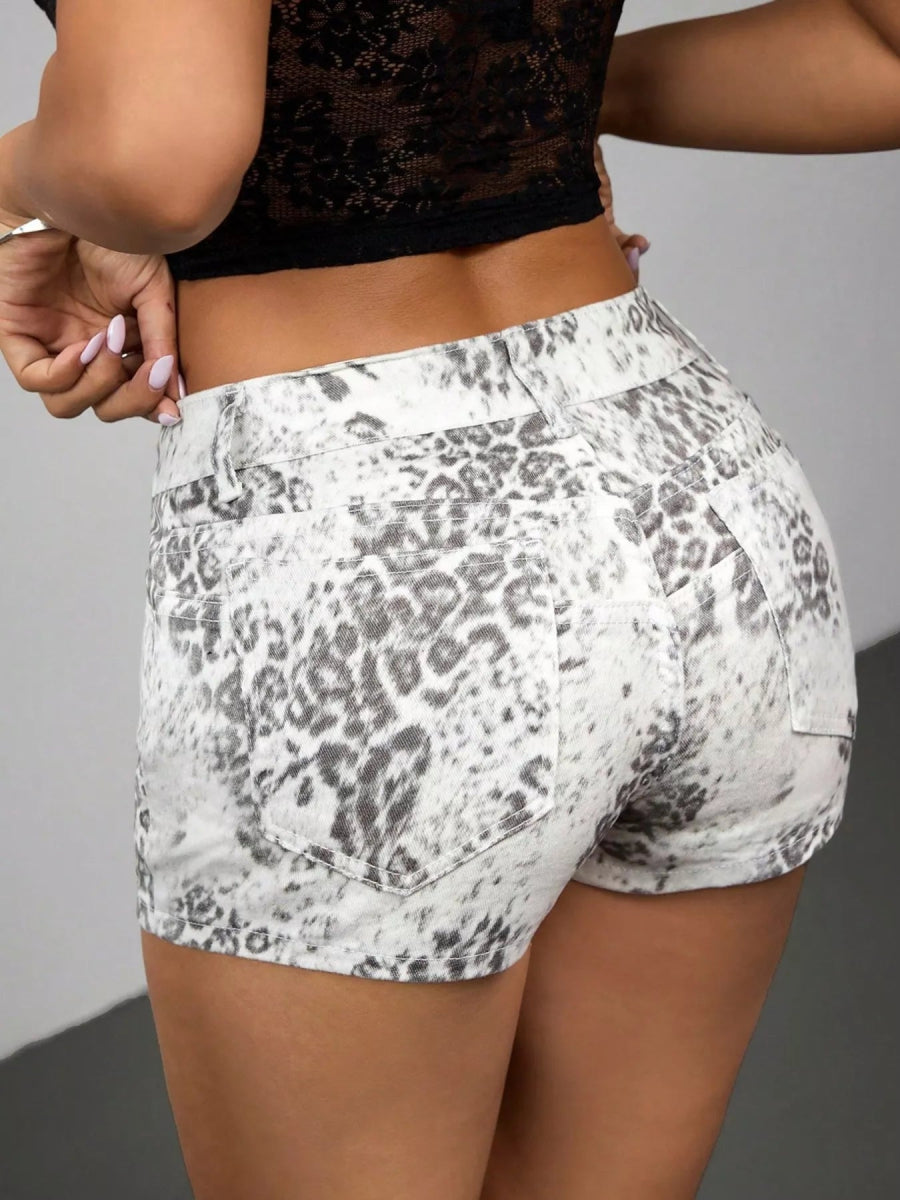 Leopard Print Denim Shorts - CELIVINE