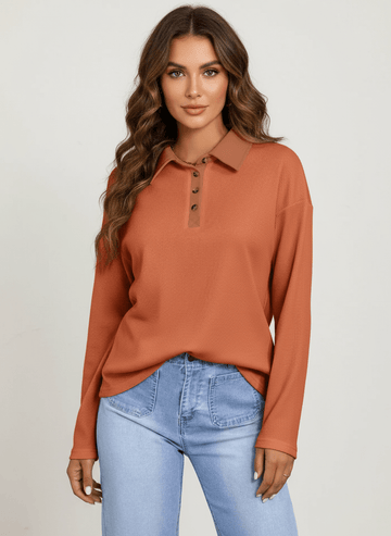 Long Sleeve Thermal Knit Polo Top - CELIVINE
