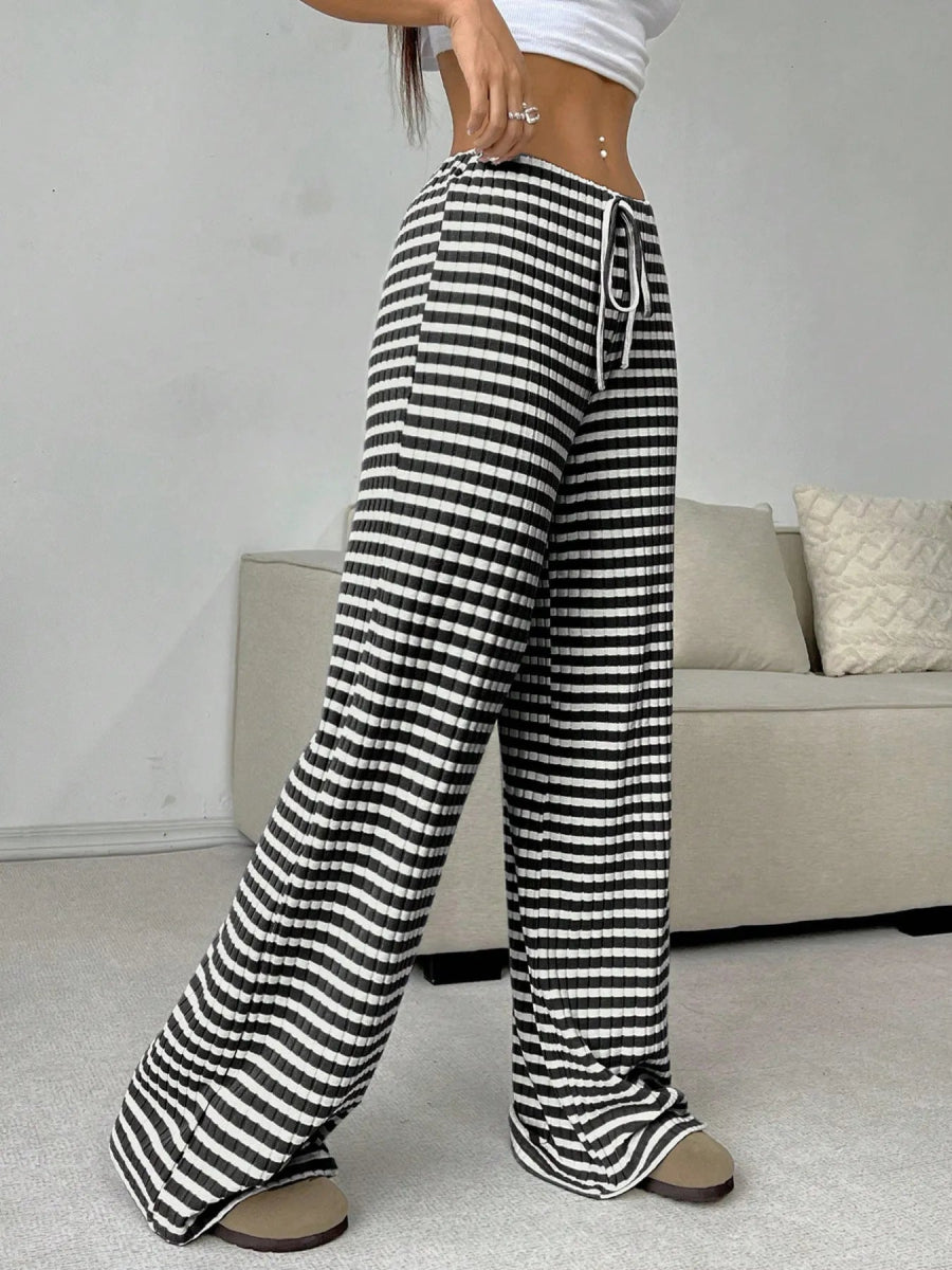 Striped Wide Leg Drawstring Pants - CELIVINE
