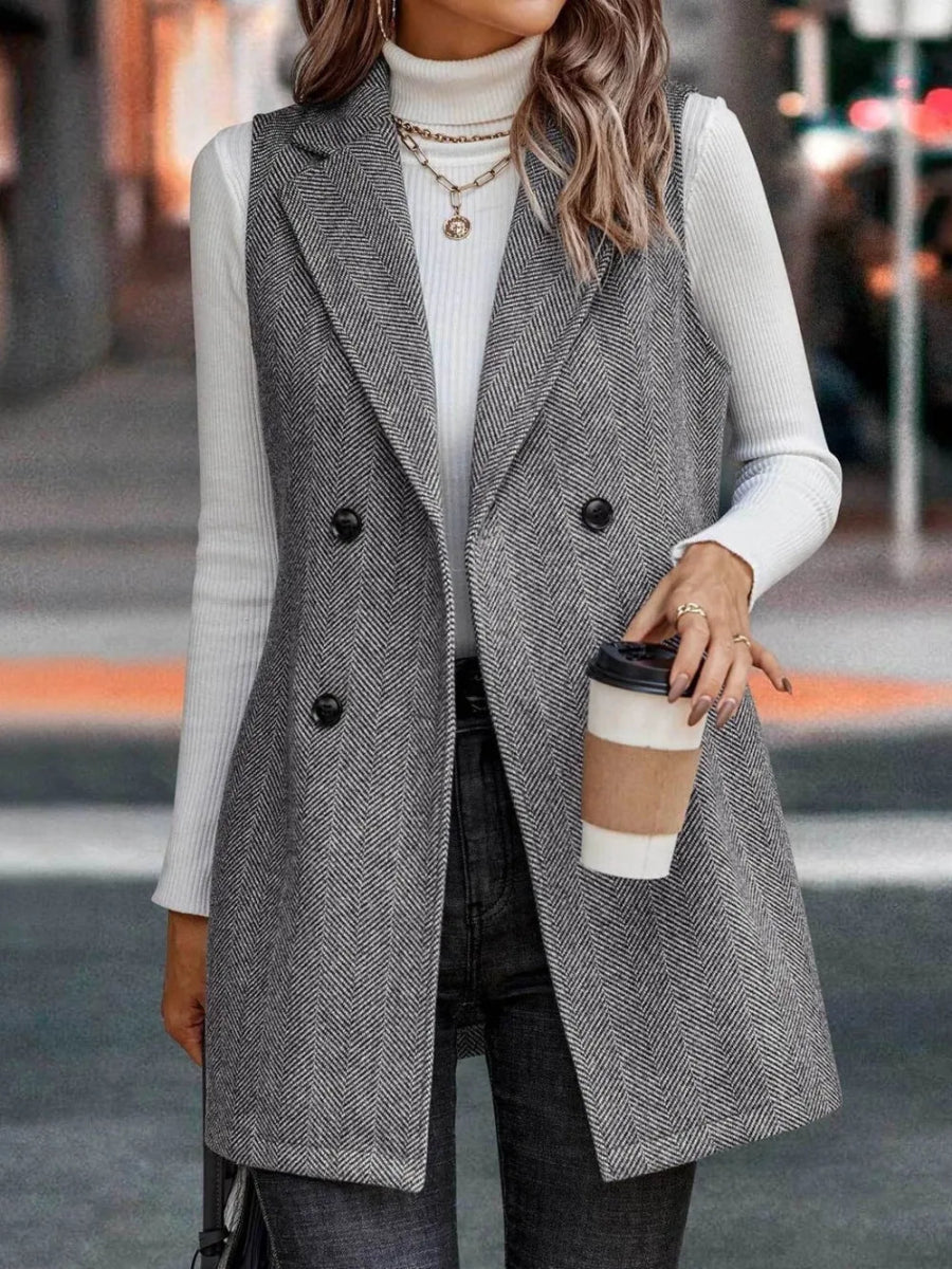 Buttoned Collared Neck Longline Vest Coat - CELIVINE