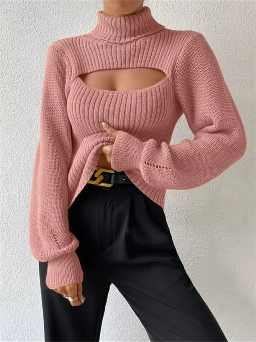Cutout Front Turtleneck Long Sleeve Sweater - CELIVINE