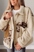 Pocketed Leopard Collared Neck Sherpa Jacket - CELIVINE