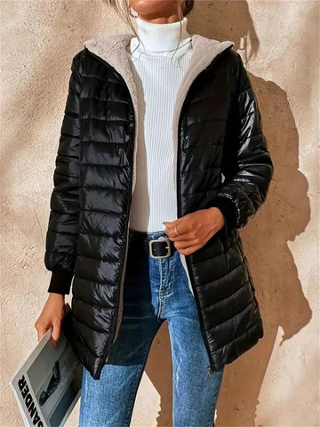 Quilted Zip Up Puffer Coat with Hood - CELIVINE