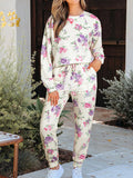 Floral Print Round Neck Top and Drawstring Pants Lounge Set - CELIVINE