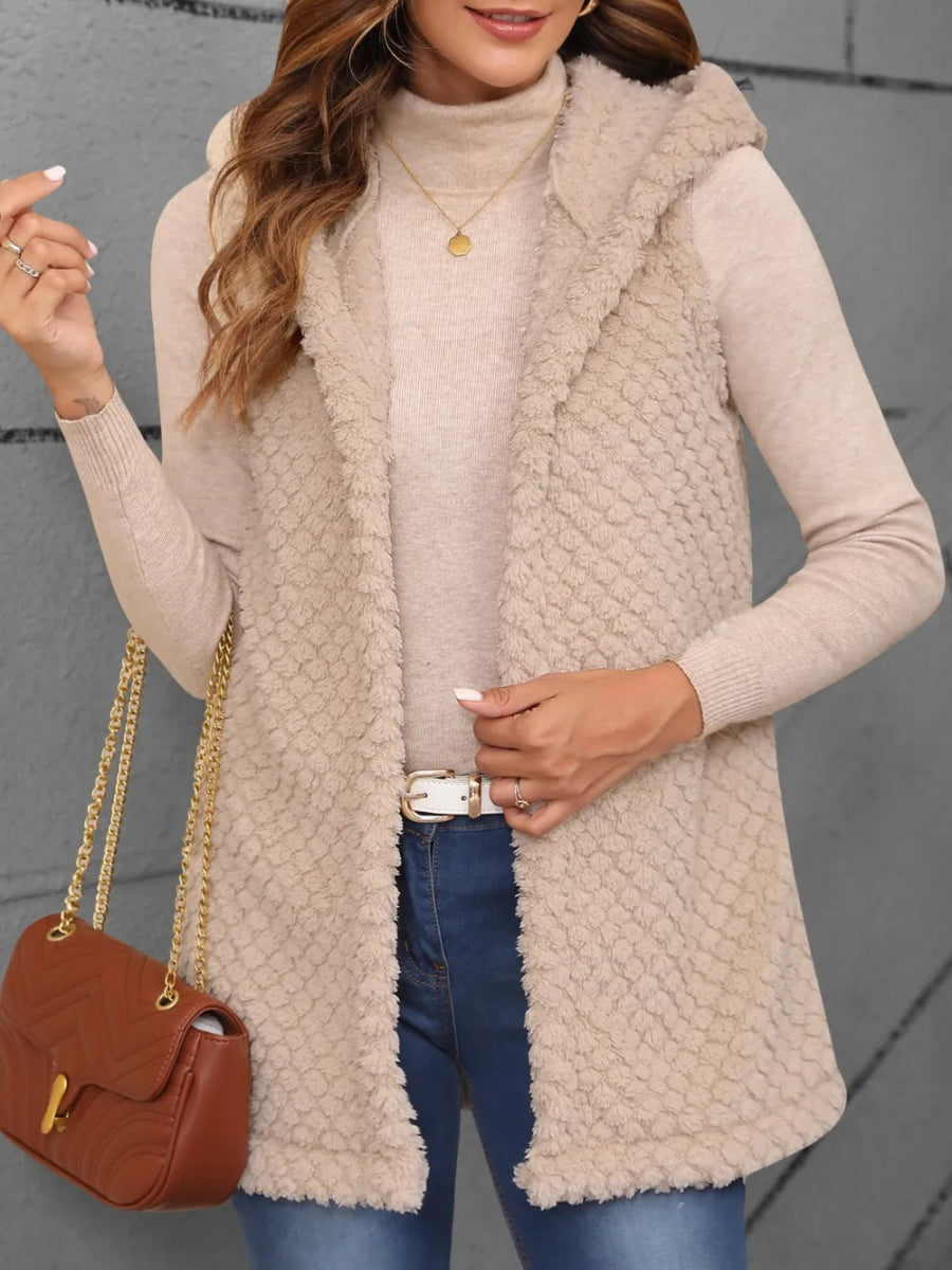 Texture Solid Color Hooded Vest Coat - CELIVINE
