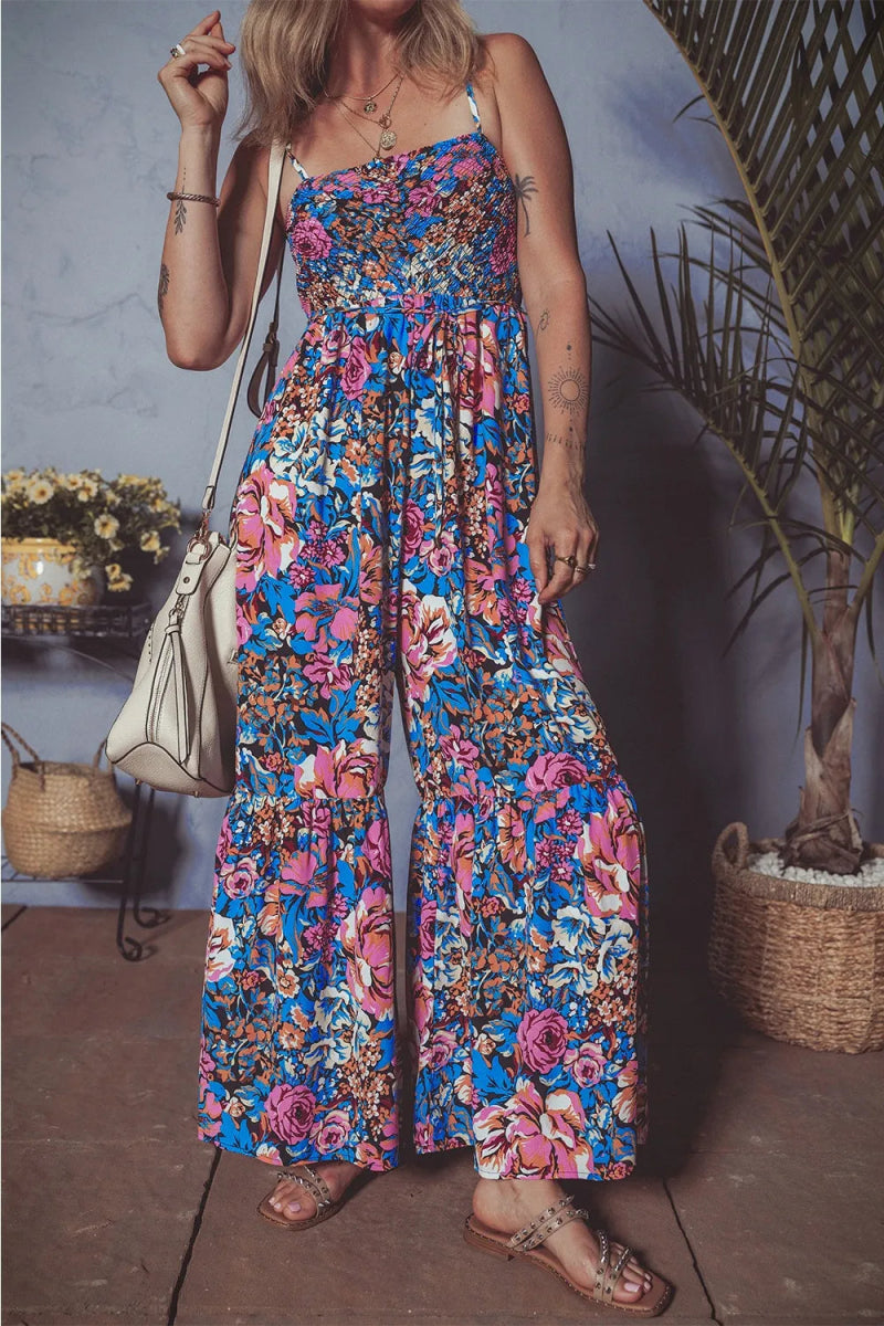 Floral Smocked Spaghetti Straps Wide Leg Jumpsuit - CELIVINE