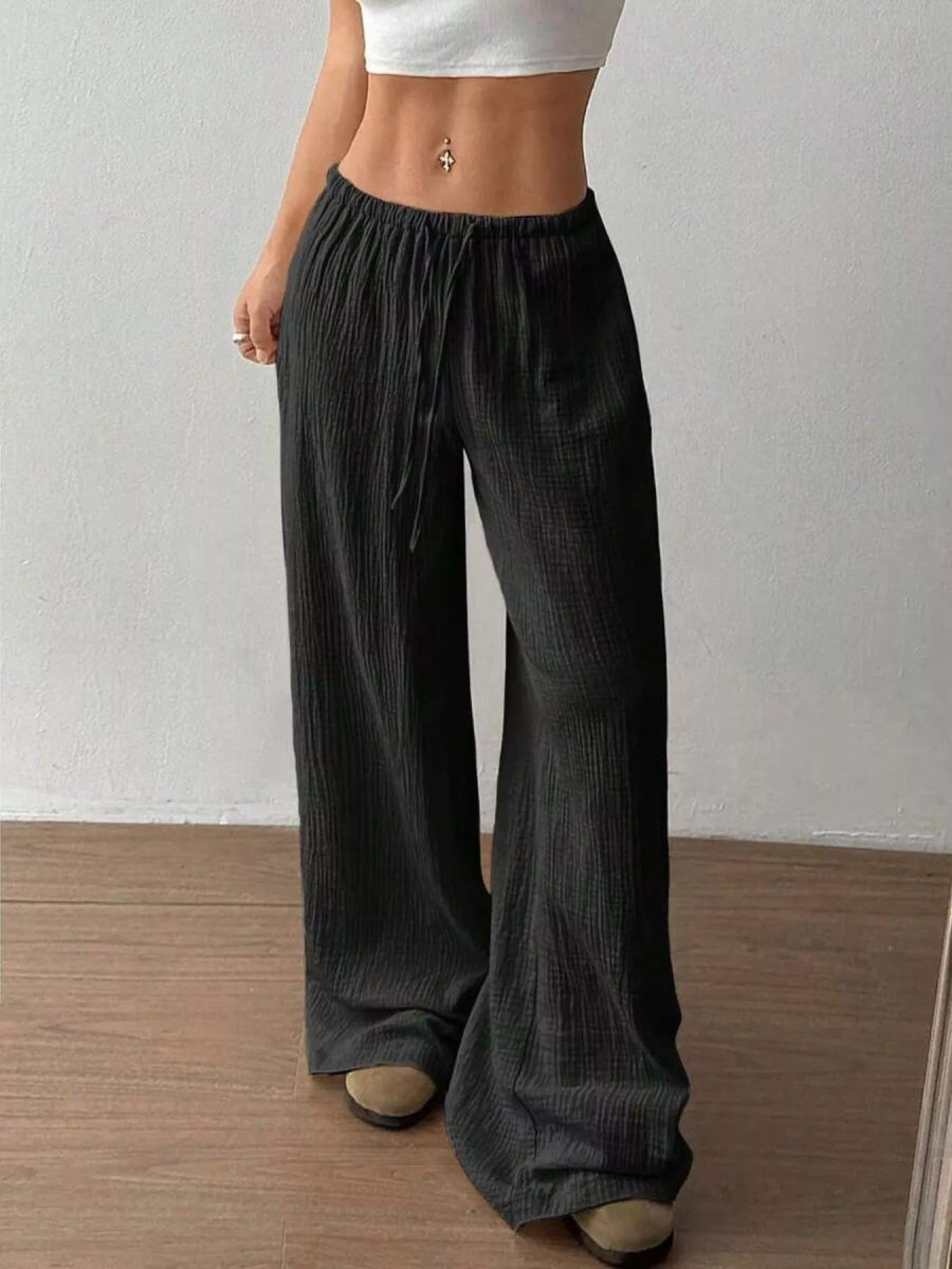 Full Size Drawstring Wide Leg Pants Plus Size - CELIVINE