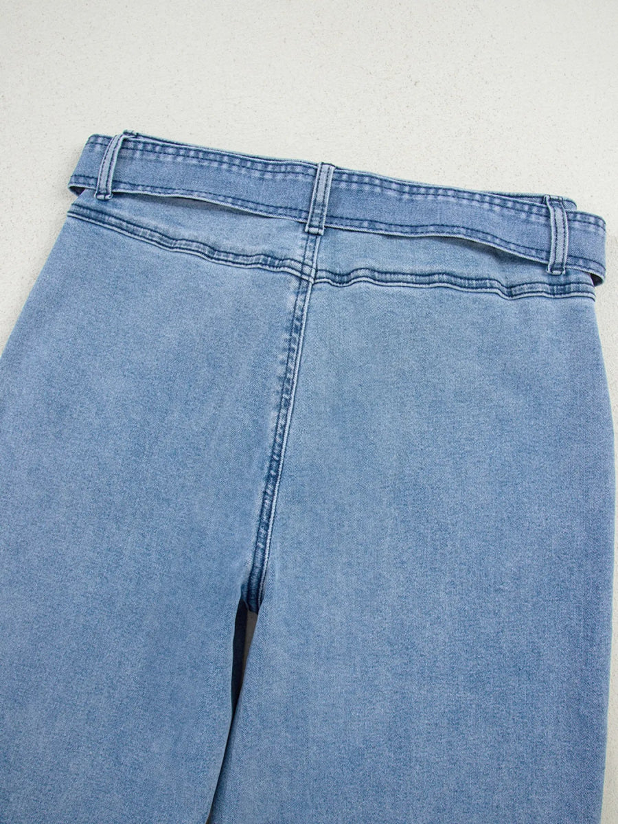 High Waisted Wide Leg Belted Jeans - CELIVINE