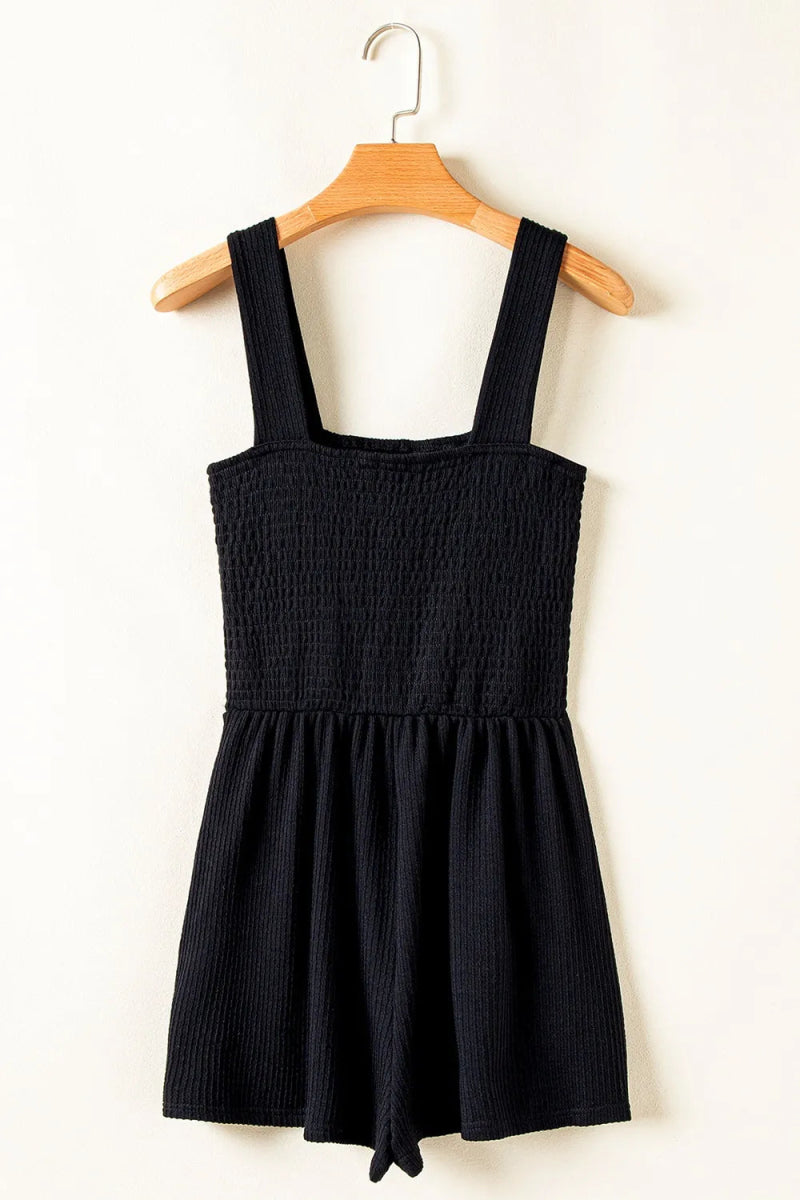 Smocked Bust Textured Knit Sleeveless Romper - CELIVINE