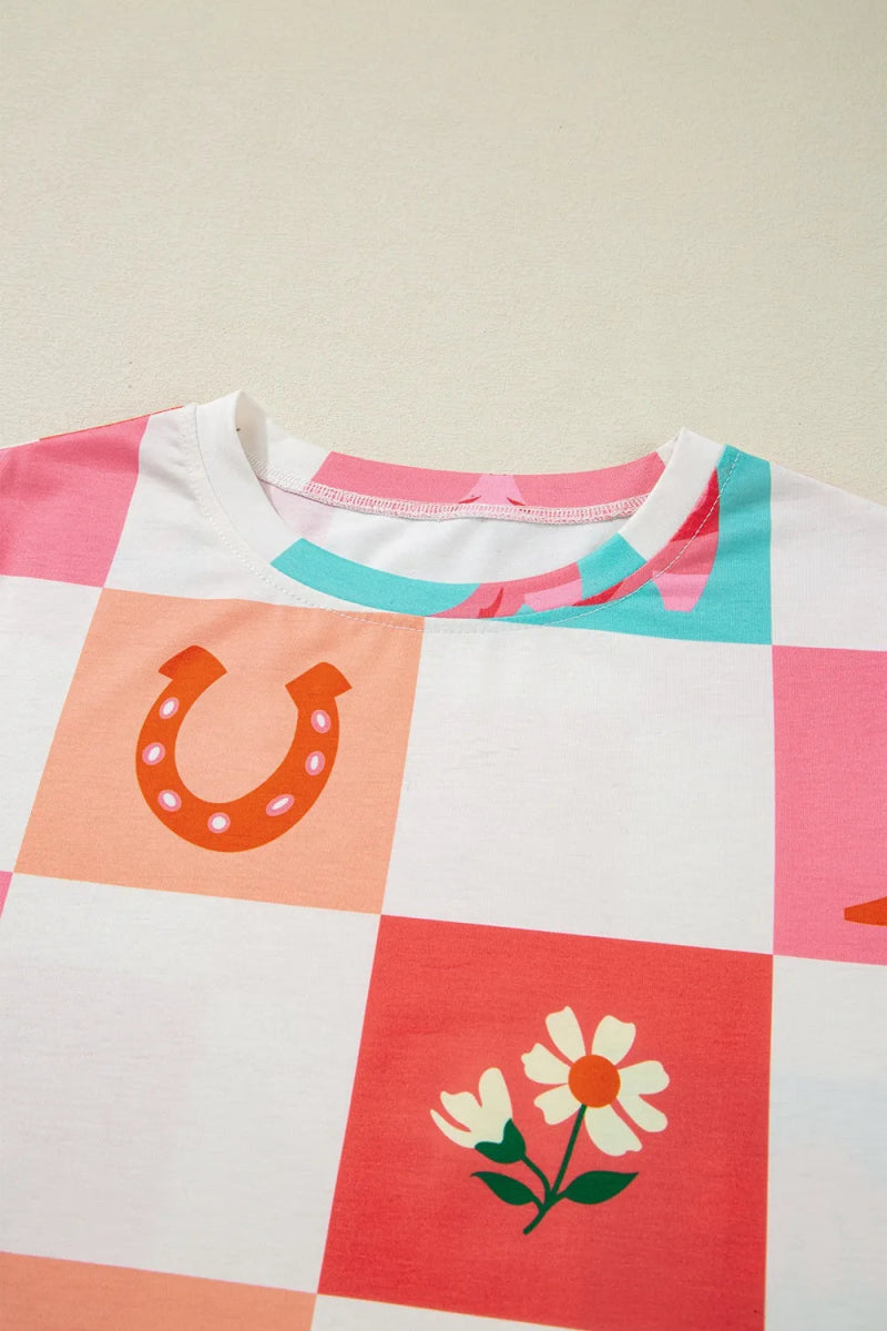 Checker Print Round Neck Short Sleeve T-Shirt - CELIVINE