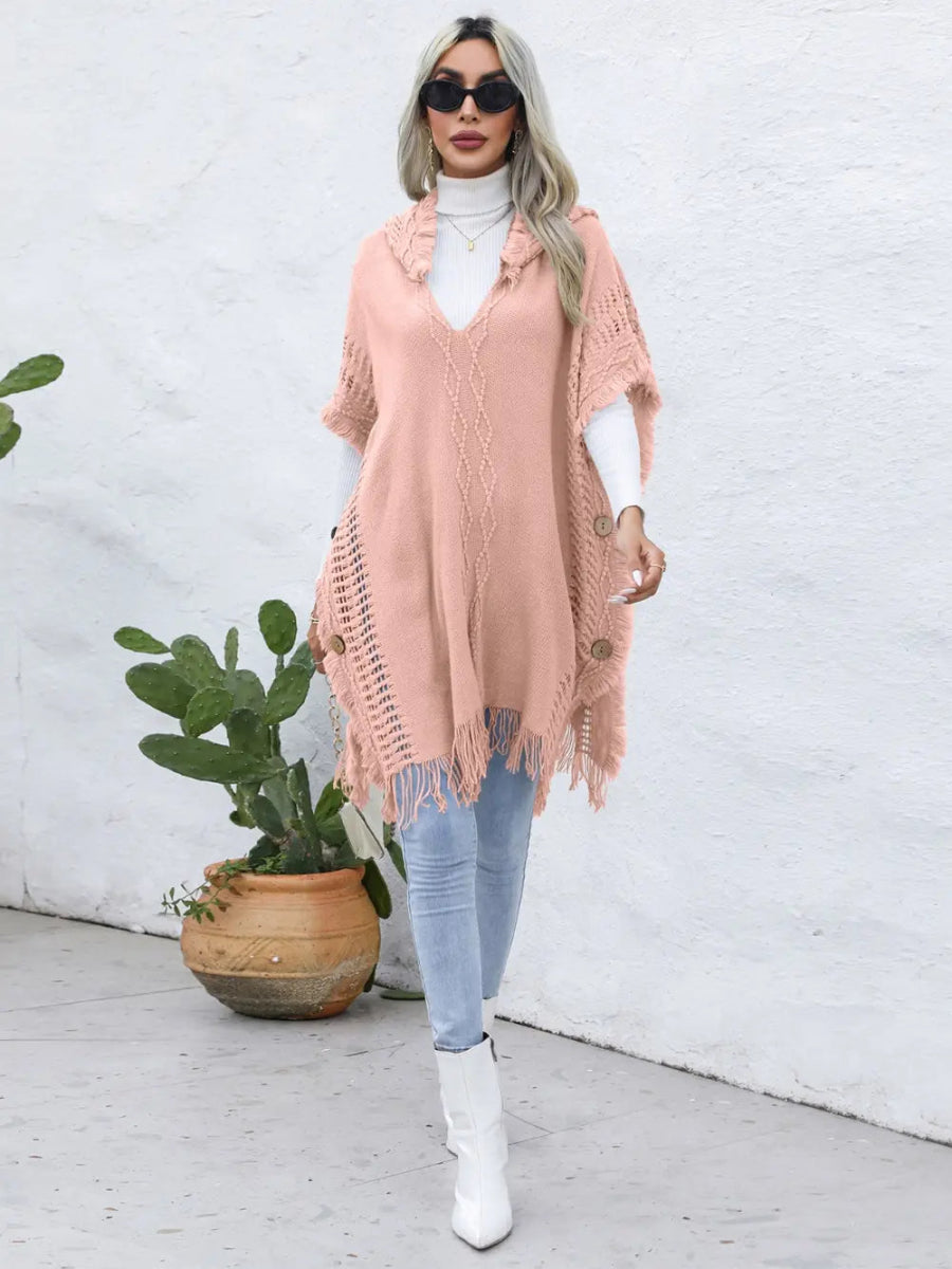 Fringe Trim Buttoned Hooded Poncho - CELIVINE