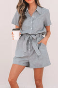 Stripe Chest Pockets Tie Waist Romper - CELIVINE