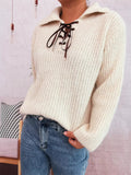 Lace Up Long Sleeve Sweater - CELIVINE