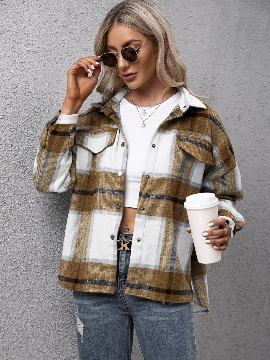 Plaid Long Sleeve Shirt Jacket - CELIVINE